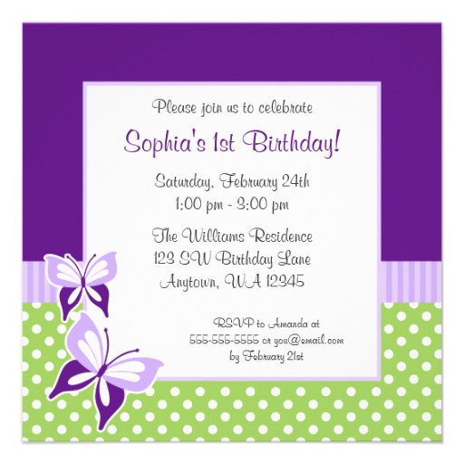Purple Butterfly Green Polka Dot Birthday Photo Announcements