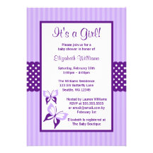 Purple Butterfly Stripes and Dots Baby Shower Personalized Announcement