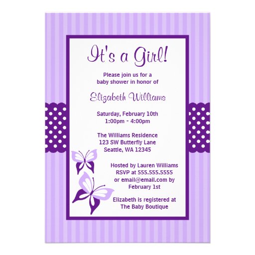 Purple Butterfly Stripes and Dots Baby Shower Personalized Announcement