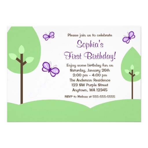 Purple Butterfly Trees Girl Birthday Invitations