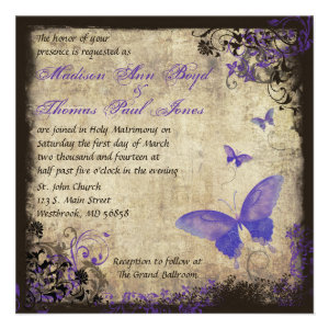 Purple Butterfly Vintage Square Wedding Invitation