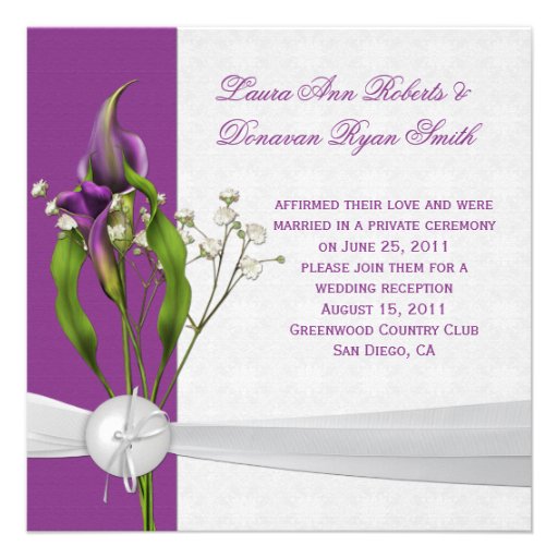 Purple Calla Lilies White Damask Post Wedding Announcement