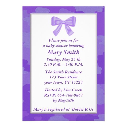 Purple Camouflage Purple Bow Baby Shower Invite