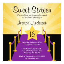 Purple Carpet Hollywood Sweet 16 Birthday Party Custom Invitations
