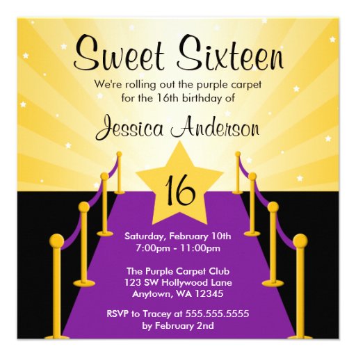 Purple Carpet Hollywood Sweet 16 Birthday Party Custom Invitations