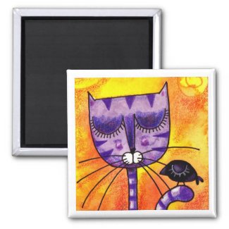 Purple Cat & Crow - Square Magnet