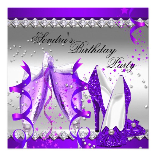 Purple Champagne Glitter Shoes Birthday Party Personalized Announcements