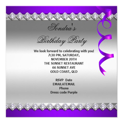 Purple Champagne Glitter Shoes Birthday Party Personalized Announcements