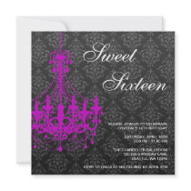 Purple Chandelier Black Damask Sweet 16 Birthday Personalized Announcements