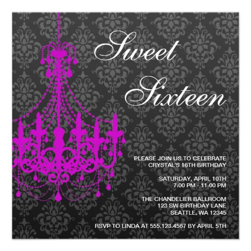 Purple Chandelier Black Damask Sweet 16 Birthday Personalized Announcements (front side)