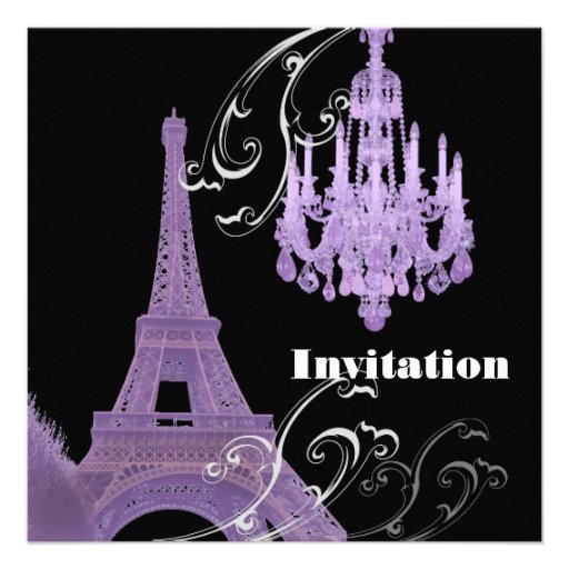 Purple  Chandelier Effiel Tower Wedding Invitation