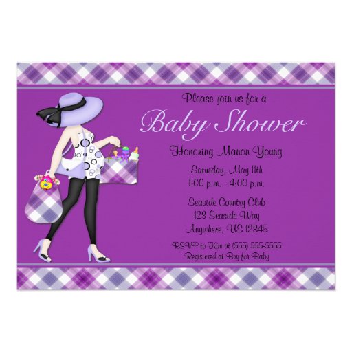 Purple Check Baby Shower Invitation