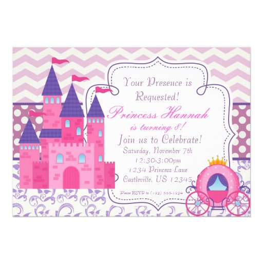 Purple Chevron and Damask Princess Birthday Party Personalized Invitation
