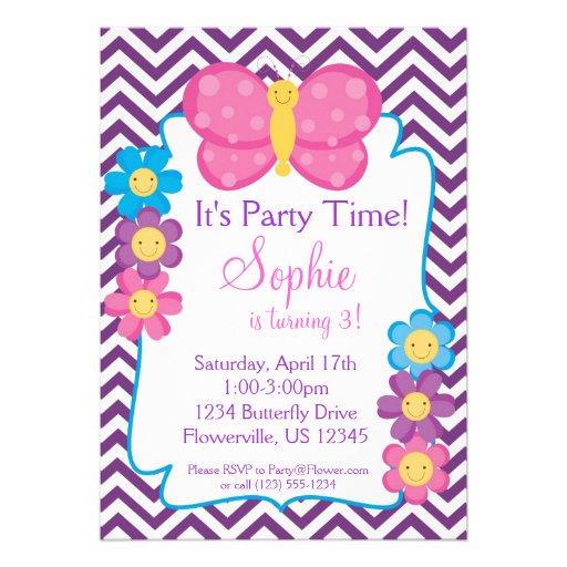 Purple Chevron and Pink Butterfly Birthday Party Custom Invitation