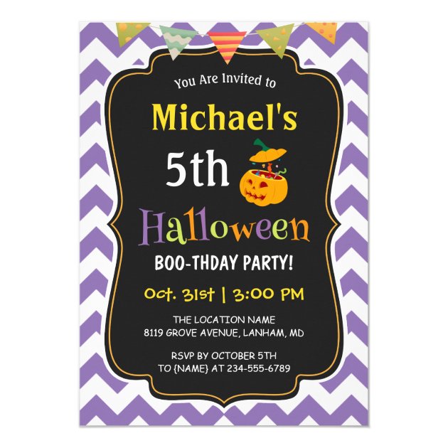Purple Chevron Kid's Halloween Birthday Party Card