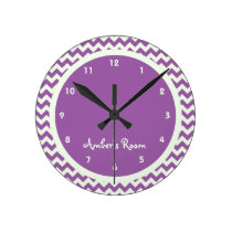 Purple Chevron Personalized Kid's Bedroom Round Wall Clocks  at Zazzle