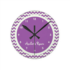 Purple Chevron Personalized Kid's Bedroom Round Wall Clocks