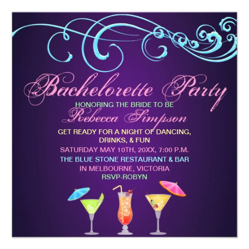 Purple Cocktail Time Bachelorette Party Invitation