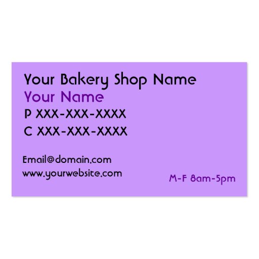 Purple completely customizable bakery shop cards business cards (back side)