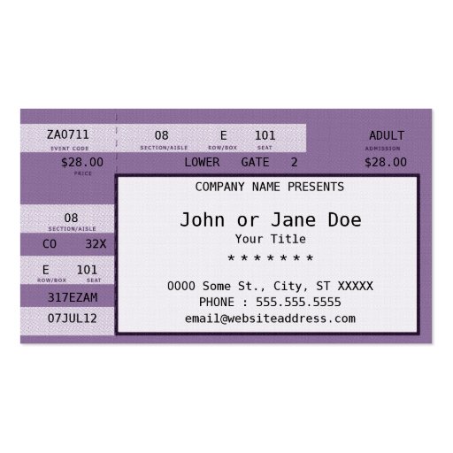 purple concert ticket business card templates (front side)