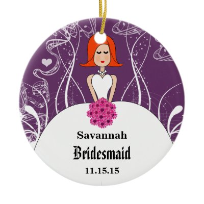 Purple &amp; Coral Wedding Red Hair  Bridesmaid Christmas Ornaments