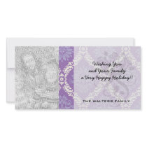 purple cream damask pattern personalized photo card