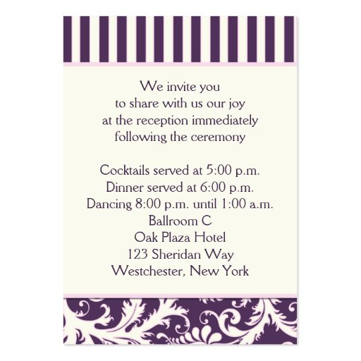 Purple, Cream, Pink Striped Damask Enclosure Card Business Card (back side)