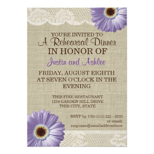 Purple Daisy and Lace Rehearsal Dinner Party Personalized Announcement