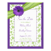 Purple Daisy Green Floral Damask Save the Date Invite
