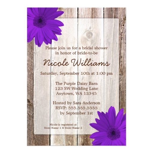 Purple Daisy Rustic Barn Wood Bridal Shower Invitation