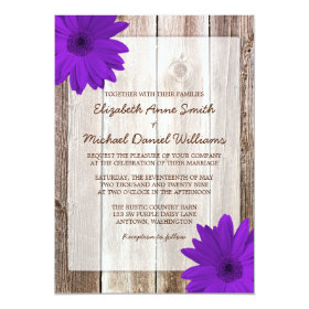 Purple Daisy Rustic Barn Wood Wedding 5x7 Paper Invitation Card