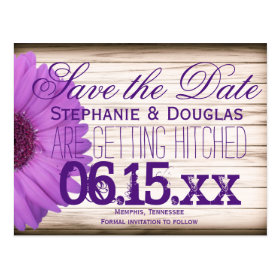 Purple Daisy Rustic Wood Save the Date Postcards