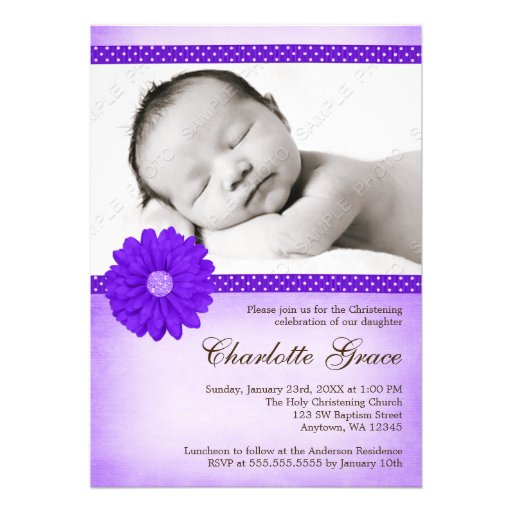 Purple Daisy Sparkle Photo Baptism Christening Custom Invitations
