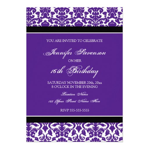 Purple Damask 16th Birthday Party Invitations