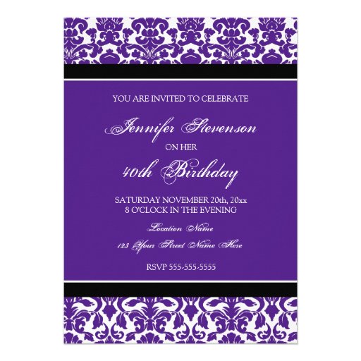 Purple Damask 40th Birthday Party Invitations