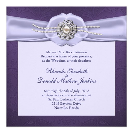 Purple Damask and Pearls Wedding Invitation