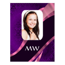 Purple damask and personalized photo postcards