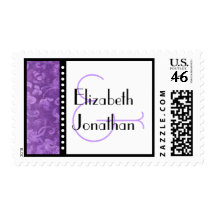 Purple Damask and Polka Dots Bride Groom Wedding Postage Stamp