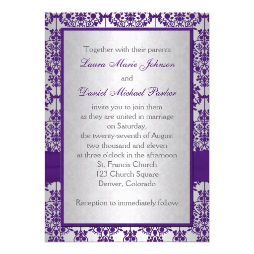 Purple Damask and Silver Wedding Invitation