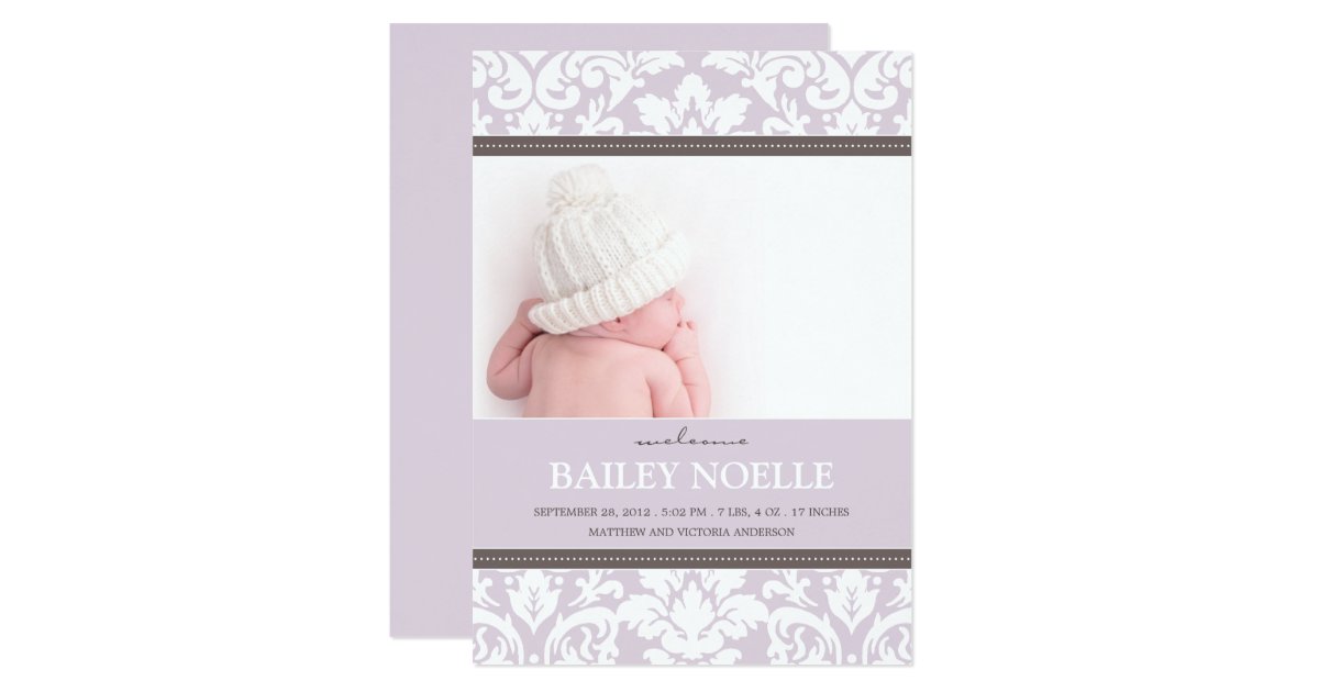 PURPLE DAMASK BABY BIRTH ANNOUNCEMENT Zazzle