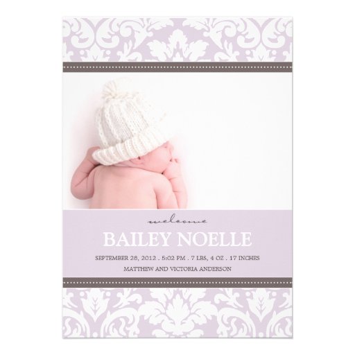 PURPLE DAMASK BABY BIRTH ANNOUNCEMENT