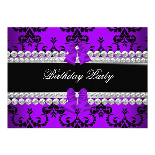 Purple Damask Black Jewel Bow Birthday Photo Announcement