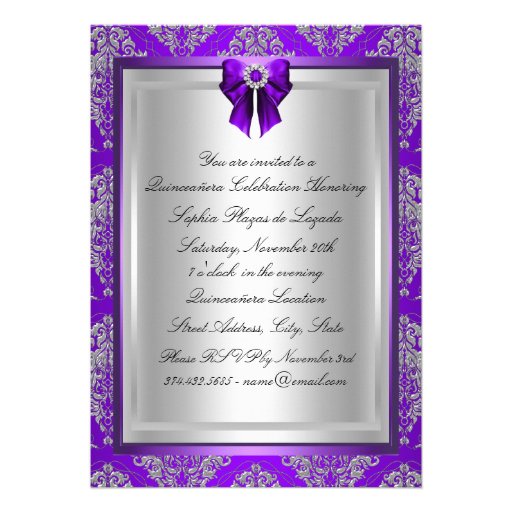 Purple Damask & Bow Quinceanera Announcements