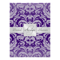 Purple Damask Bridal Shower Monogram Invitation