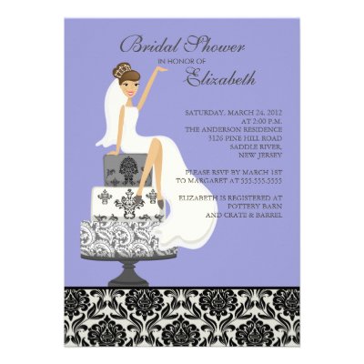 Purple Damask Brunette Bride Bridal Shower Personalized Invitations