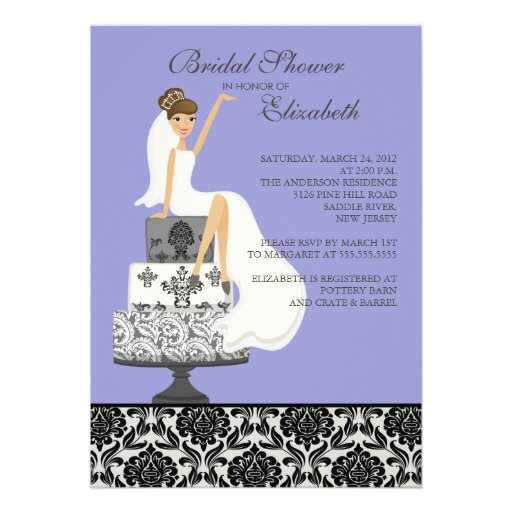 Purple Damask Brunette Bride Bridal Shower Personalized Invitations