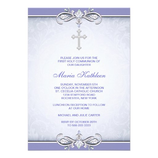 Purple Damask Cross First Communion Invitation