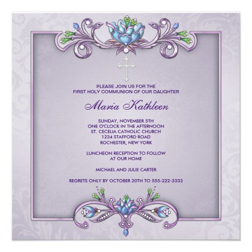 Purple Damask Cross Girls First Communion Custom Invitations