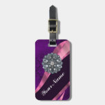 Purple damask & crystal bag tag