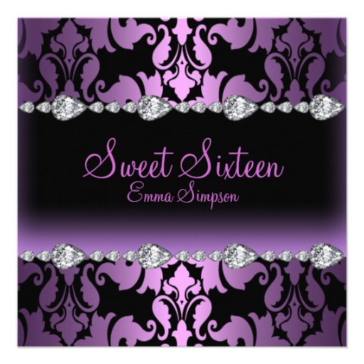Purple Damask & Diamond Sweet Sixteen Invite